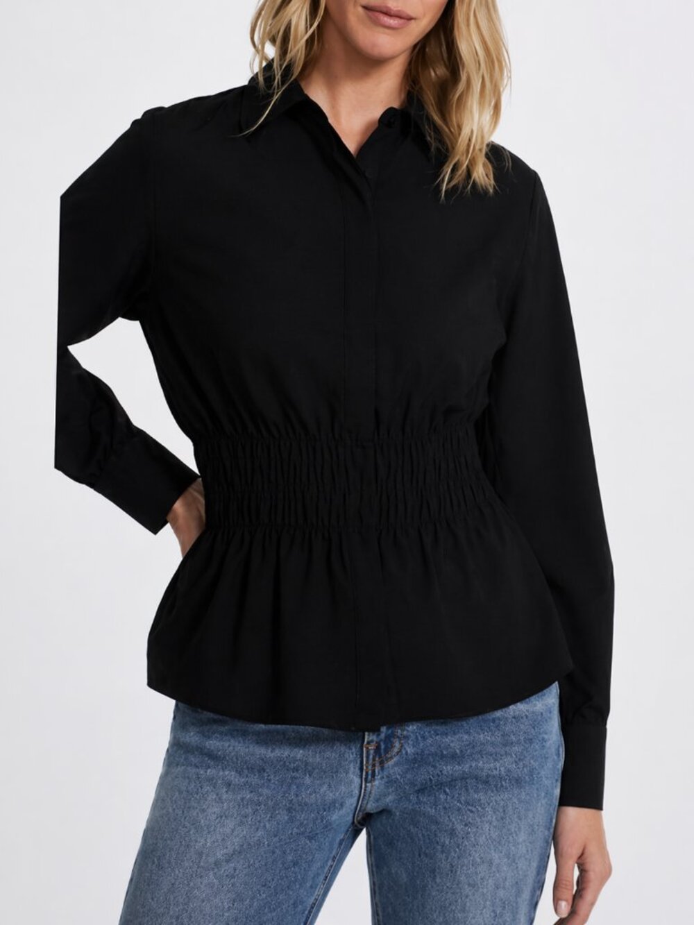 Steve Madden Women's Long Sleeve Button-Down Shirt Blouse, Black, Size L